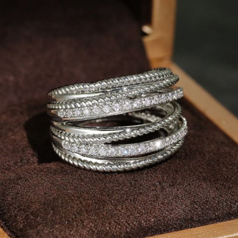 Sterling Silver Diamond Layered Wide Ring Band